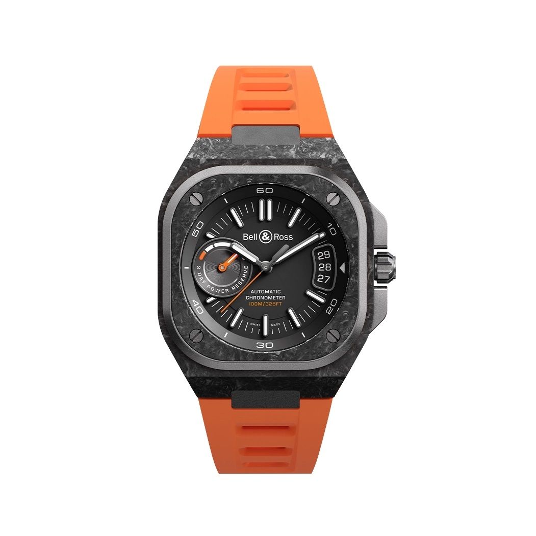 BELL & ROSS MOD. BRX5R-BO-TC_SRB watch with orange strap, luxury design and automatic chronometer features.