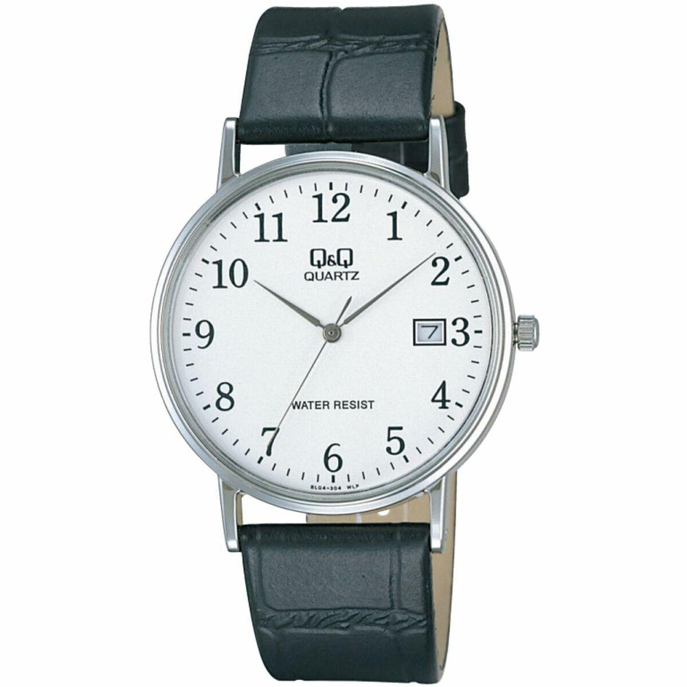Q&Q Mod. GENT DATE wristwatch with quartz movement, leather strap, and 3 ATM water resistance, showing date and time on a mineral dial.