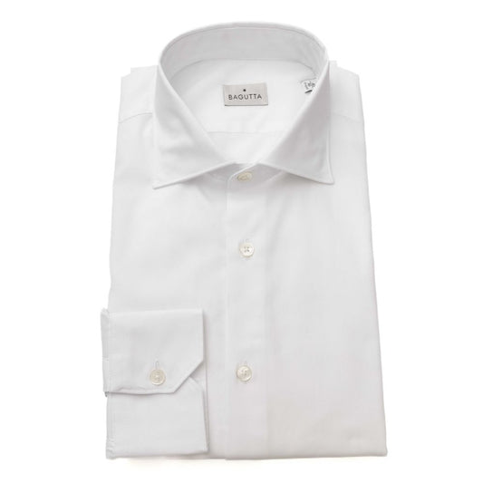 Bagutta White Cotton Top - Men's long sleeve solid white shirt with buttons, 100% cotton material.
