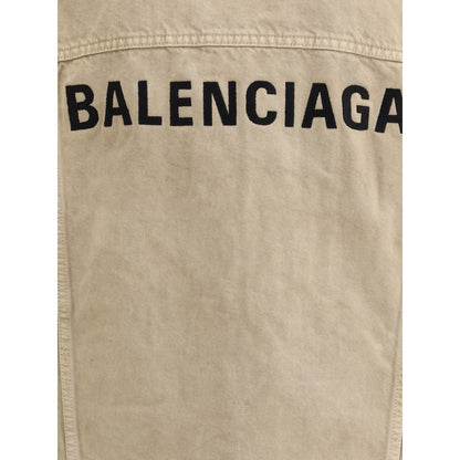 Back view of Balenciaga Beige Cotton Denim Jacket with embroidered logo, featuring oversized fit and distinctive design elements.