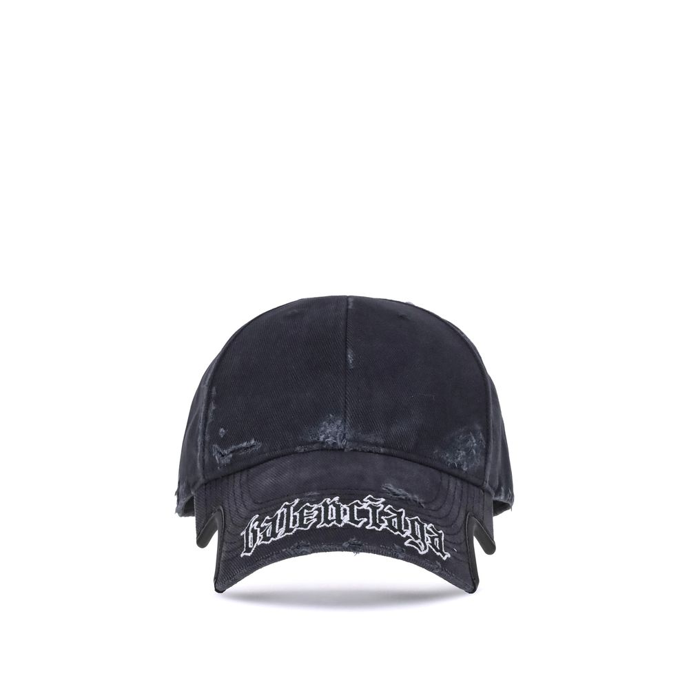 Front view of Balenciaga Black Cotton Cap (Baseball Hat) featuring Blackletter Script embroidery and adjustable closure.
