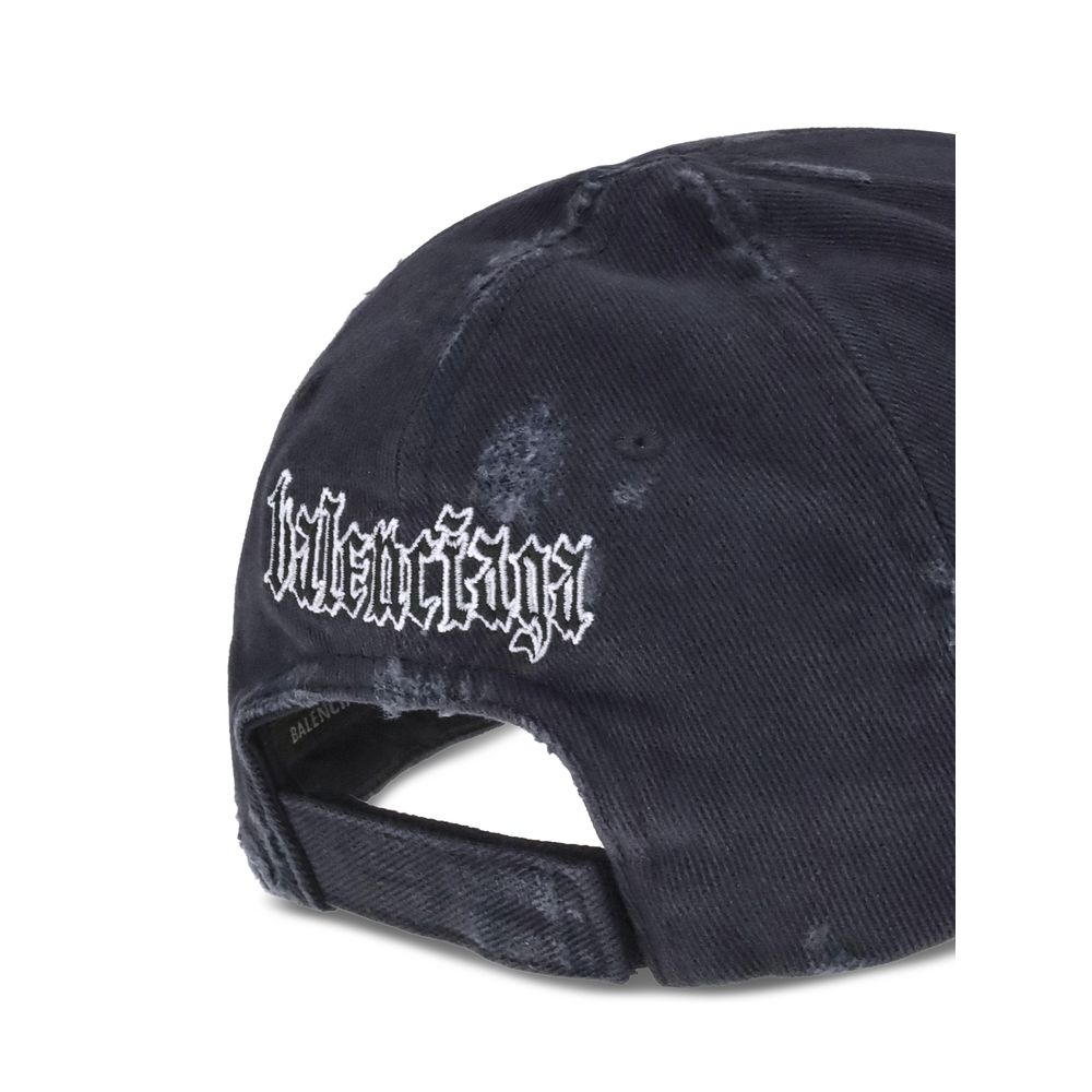 Balenciaga Black Cotton Cap (Baseball Hat) featuring Blackletter Script motif, adjustable back closure, and embroidered ventilation eyelets.