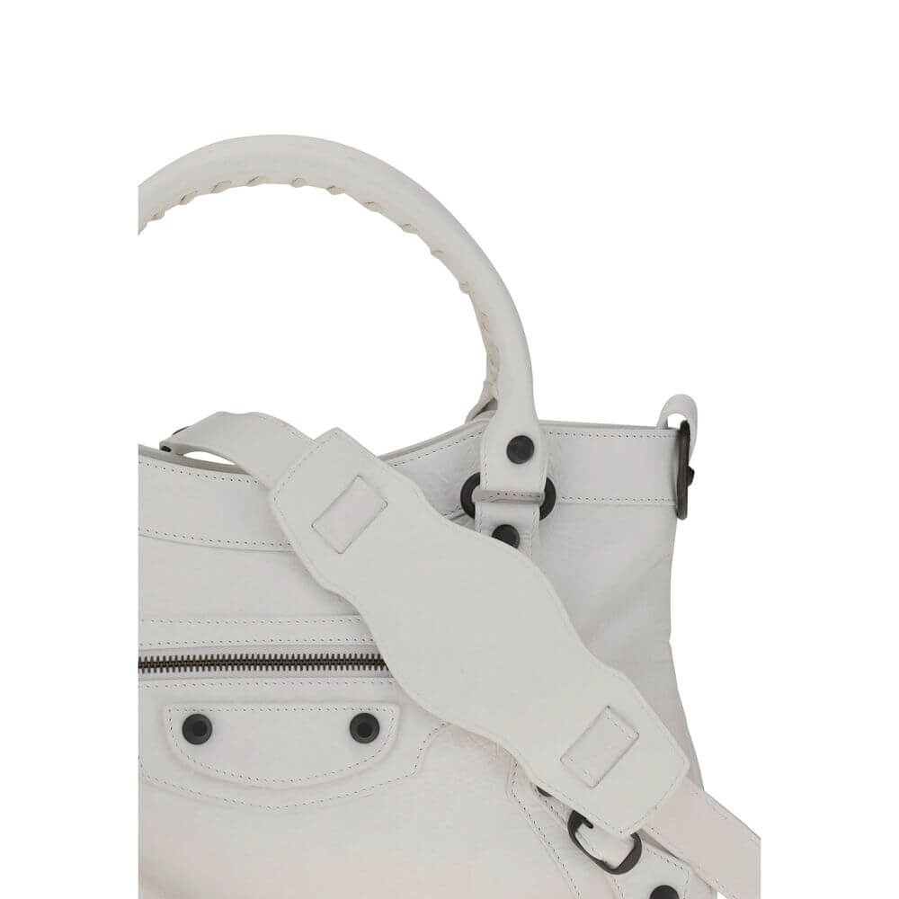 Balenciaga White Calf Leather Bos Taurus Handbag with brass hardware and adjustable shoulder strap.