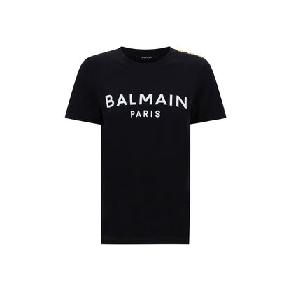 Balmain Black Cotton T-Shirt with white logo print, ribbed crew neck, and embossed buttons on left shoulder.