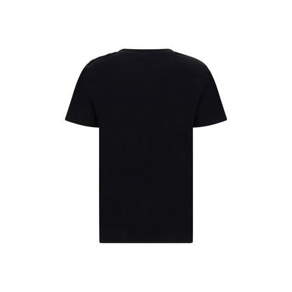 Back view of Balmain Black Cotton T-Shirt with ribbed crew neck and regular fit, featuring iconic embossed buttons and signature monogram print.
