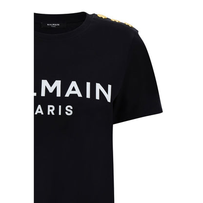 Balmain Black Cotton T-Shirt with logo print and embossed shoulder buttons