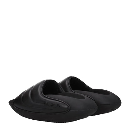 Balmain Black Leather Slippers with mid heels, rubber sole, side logo, open toe design; casual style.
