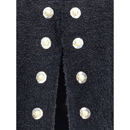 Close-up of Balmain Black Polyamide Coat with gold buttons, displaying luxury and elegance in design.