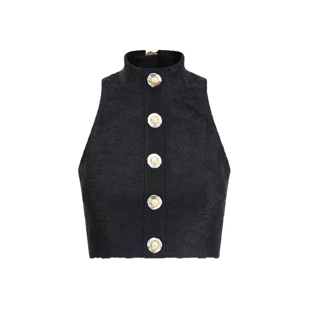 Balmain Black Viscose Top with baroque pattern and gold coin buttons
