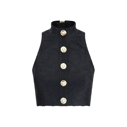 Balmain Black Viscose Top with baroque pattern and gold coin buttons