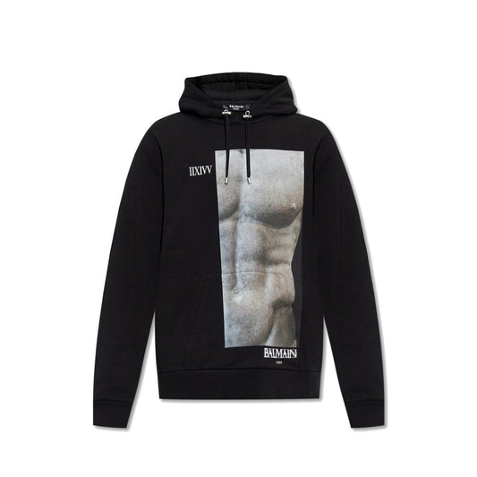 Balmain Cotton Hoodie Sweatshirt with graphic front logo, drawstring hood, and kangaroo pocket. Made in Italy, 100% cotton, men's fashion.