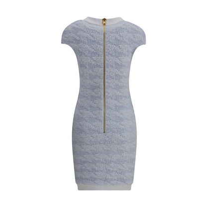 Back view of Balmain Light Blue Polyamide Casual Dress with zipper closure and embossed button details, perfect for a refined look.