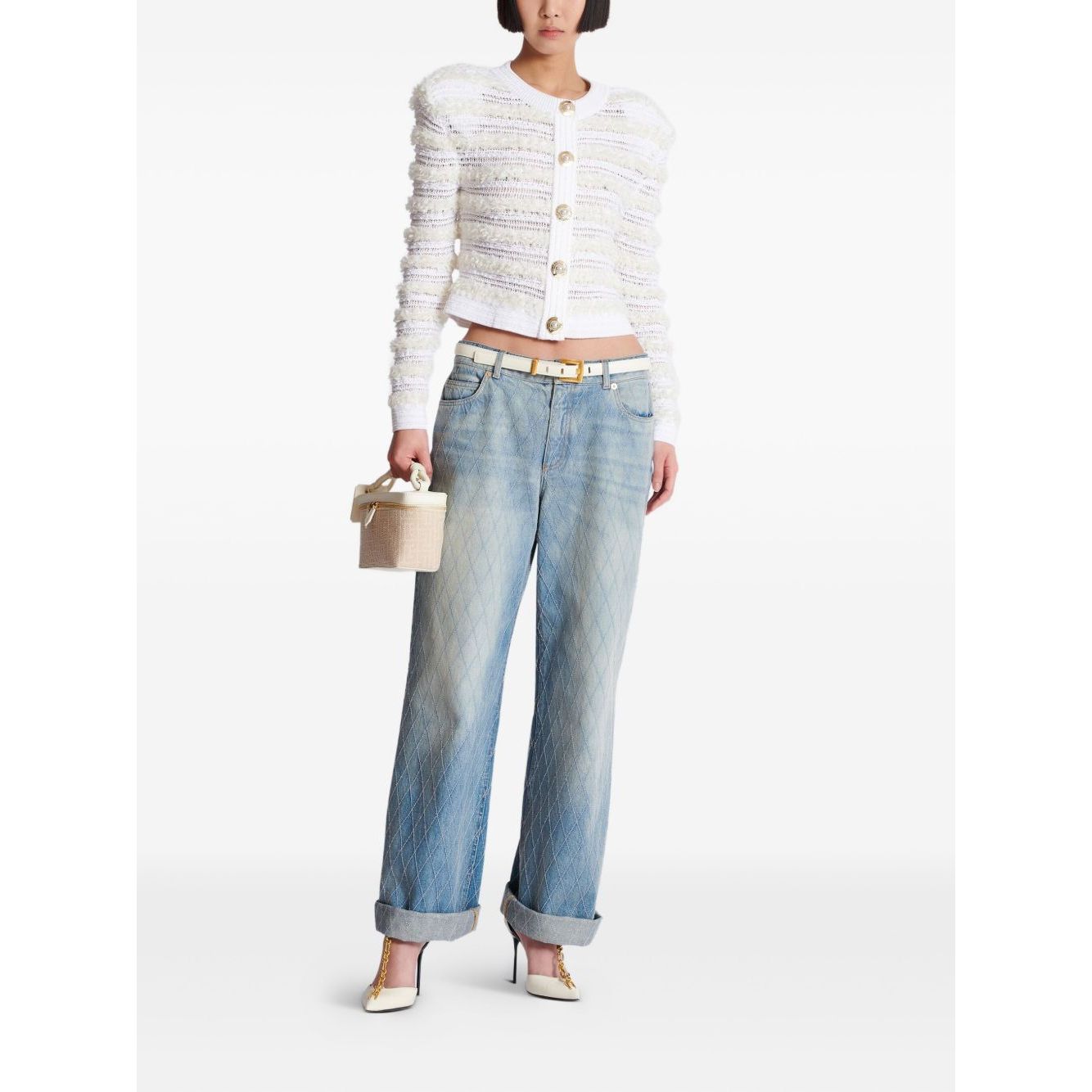 Balmain Long-sleeved tweed-effect knit cardigan Topwear