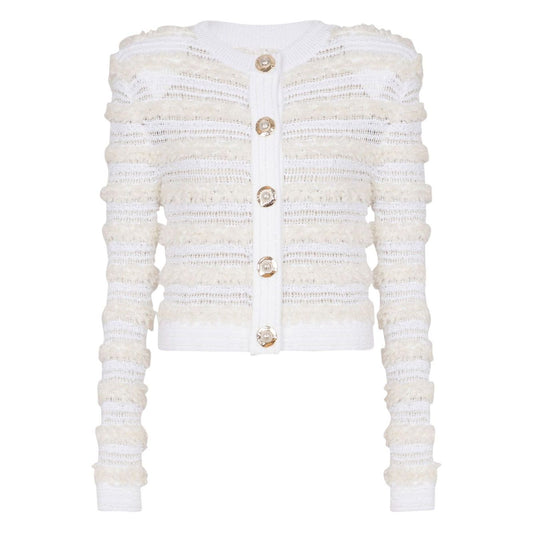 Balmain Long-sleeved tweed-effect knit cardigan in white with front button fastening, ribbed trim, and crew neck style.