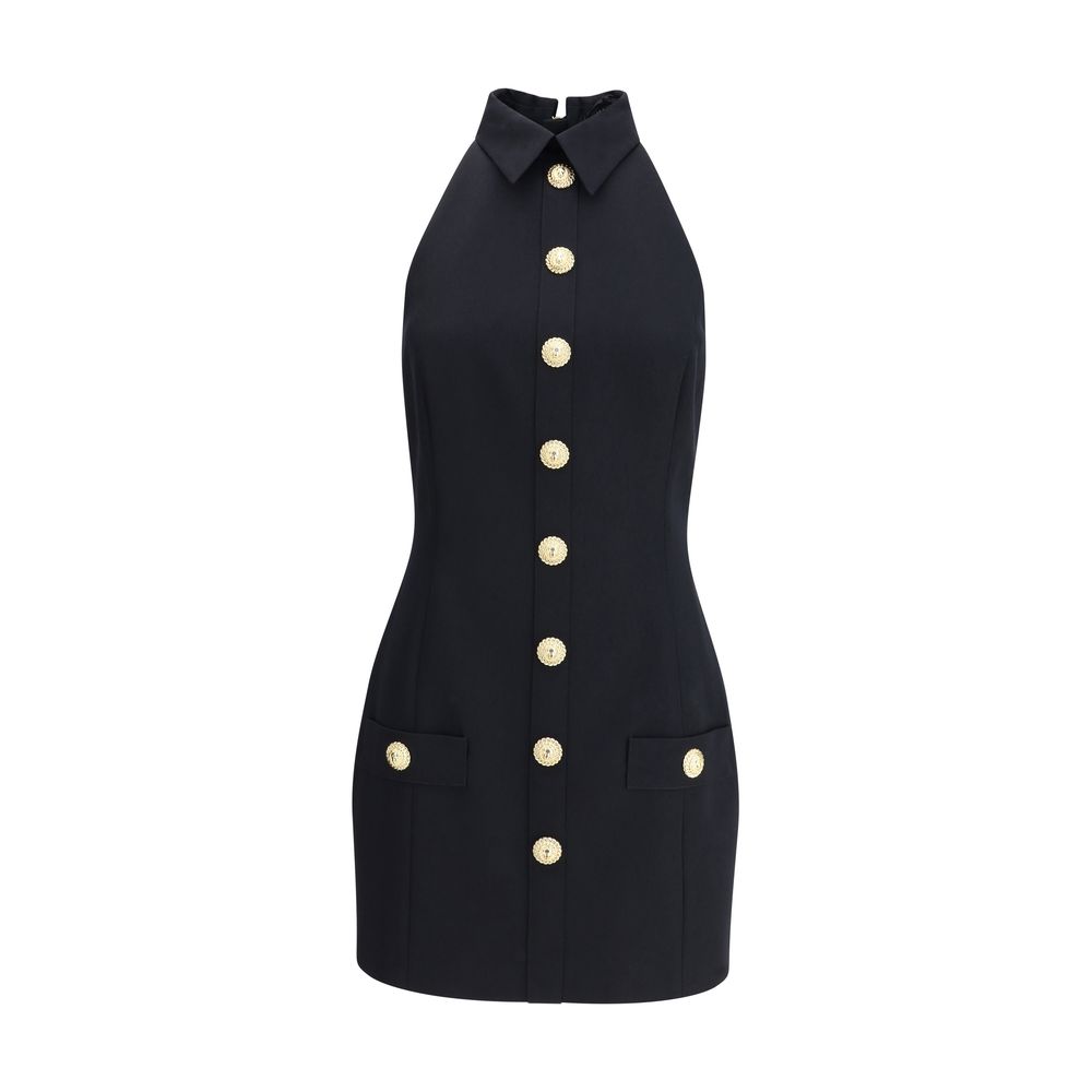 Balmain Sleeveless Short Dress with classic collar, embossed buttons and front welt pockets, showcasing iconic style and sophistication.