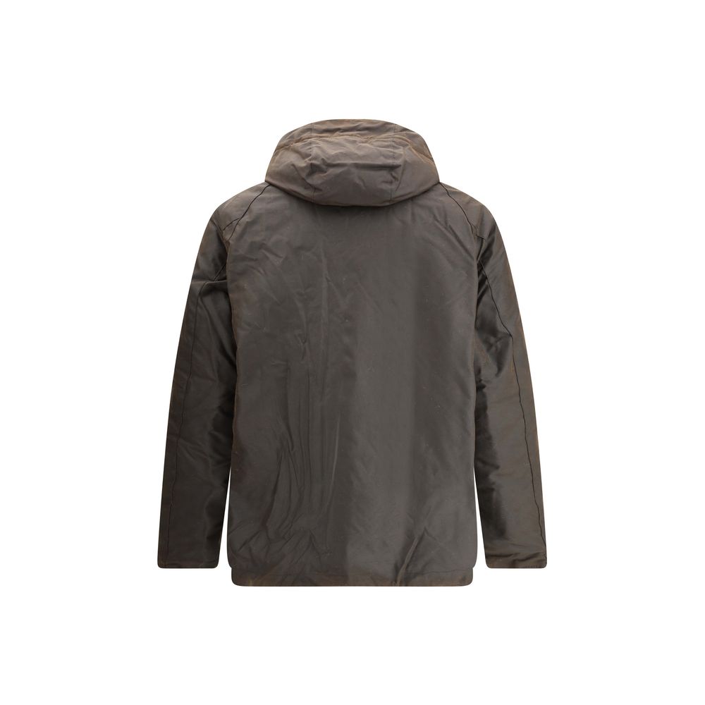 Back view of Barbour Brown Cotton Rain Coat with hood and classic design, featuring padded fabric for warmth and a regular fit.