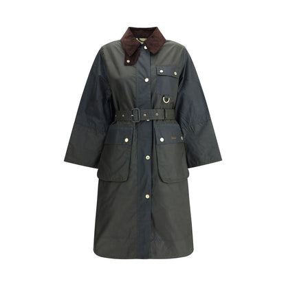 Barbour Green Cotton Coat with fine-ribbed collar and snap-button closure, inspired by iconic Solway pattern, featuring adjustable waist belt.