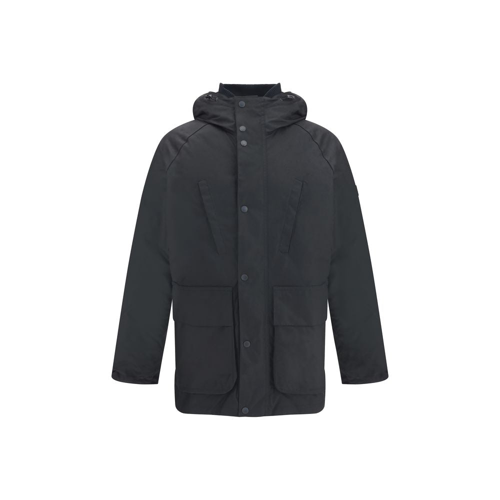 Barbour International Black Cotton Parka in a slim fit, featuring adjustable hood and pockets, perfect for cold weather style and functionality.