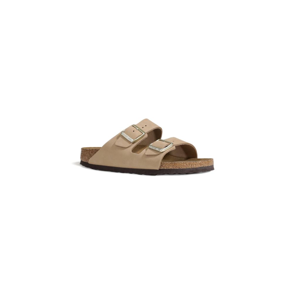 Birkenstock Beige Nubuc Leather Slippers with adjustable straps and cork footbed on white background.