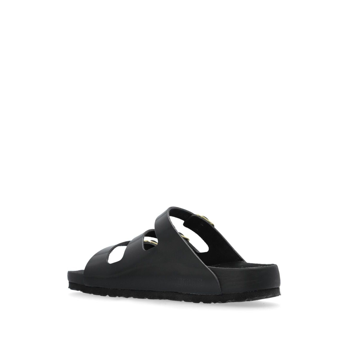 Black Birkenstock Sandals with buckle strap, slip-on style, round open toe, rubber sole, leather, narrow width.