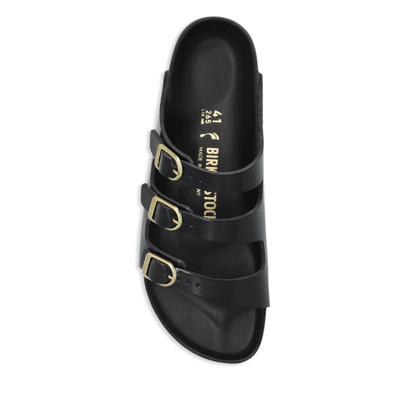 Top view of black Birkenstock Sandals with buckle strap, round open toe, narrow width leather slip-on, and rubber sole.