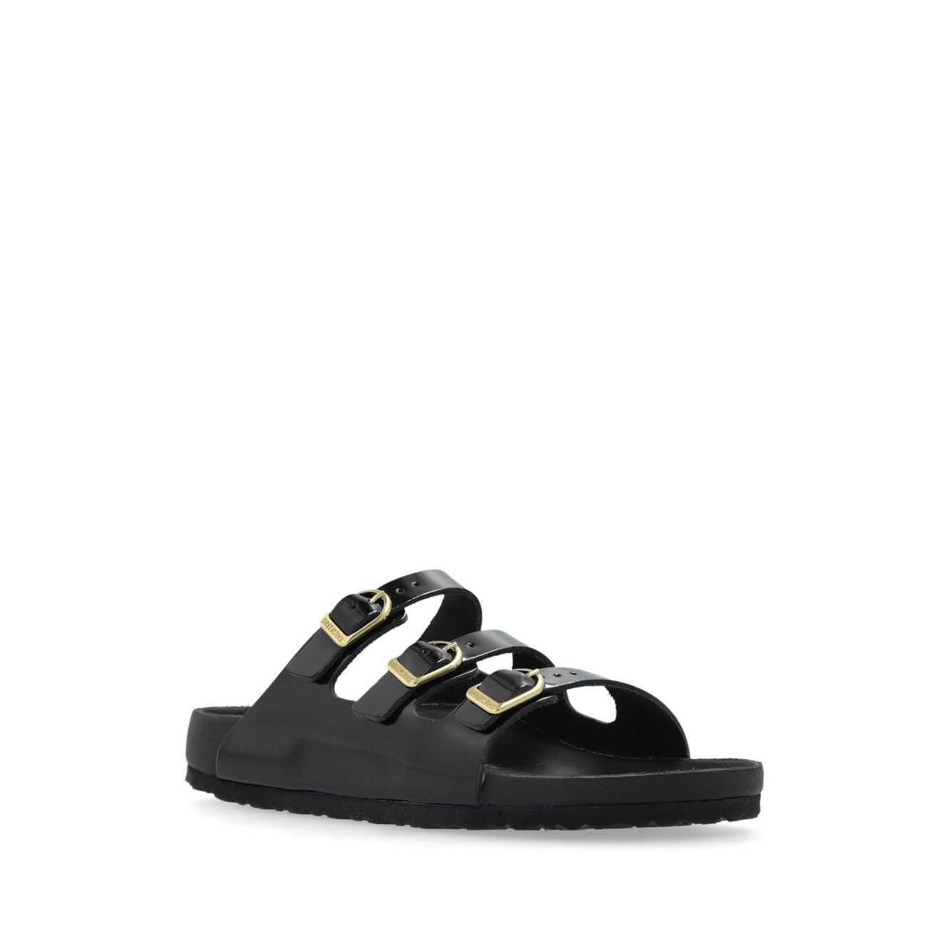 Birkenstock Sandals with buckle strap, black slip-on, round open toe, rubber sole, leather, narrow fit