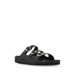 Birkenstock Sandals with buckle strap, black slip-on, round open toe, rubber sole, leather, narrow fit