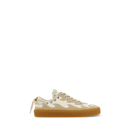 Bluemarble Brown Calf Leather Bos Taurus Low Top Sneakers with flame-shaped suede inserts and contrasting sole, AW23 season.