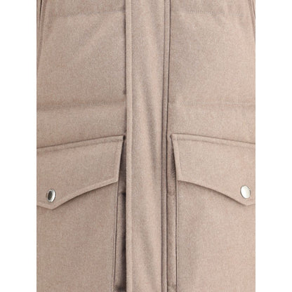 Brunello Cucinelli Beige Cashmere Coat with front flap pockets and snap-button details, showcasing refined elegance and functionality.