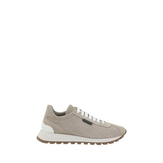 Brunello Cucinelli Beige Rubber Platform Sneakers with suede design, lace-up closure, and round toe for comfort.