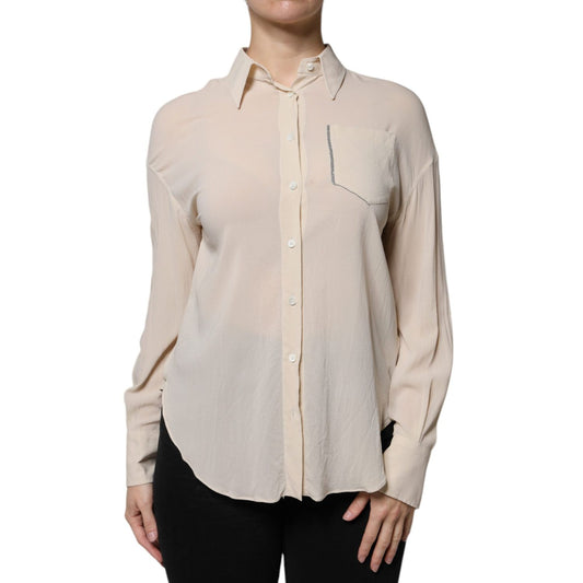 Brunello Cucinelli Beige Silk Blend Collared Button Down Top 1728,67345645728,Beige,Blouses - Shirts - Clothing,Brunello Cucinelli,Clothing,IT38 | XS,Material: 91% Silk 9% Elastane,Preowned / Defect,Shirts - Clothing,Tops & T-Shirts - Women - Clothing,Wom