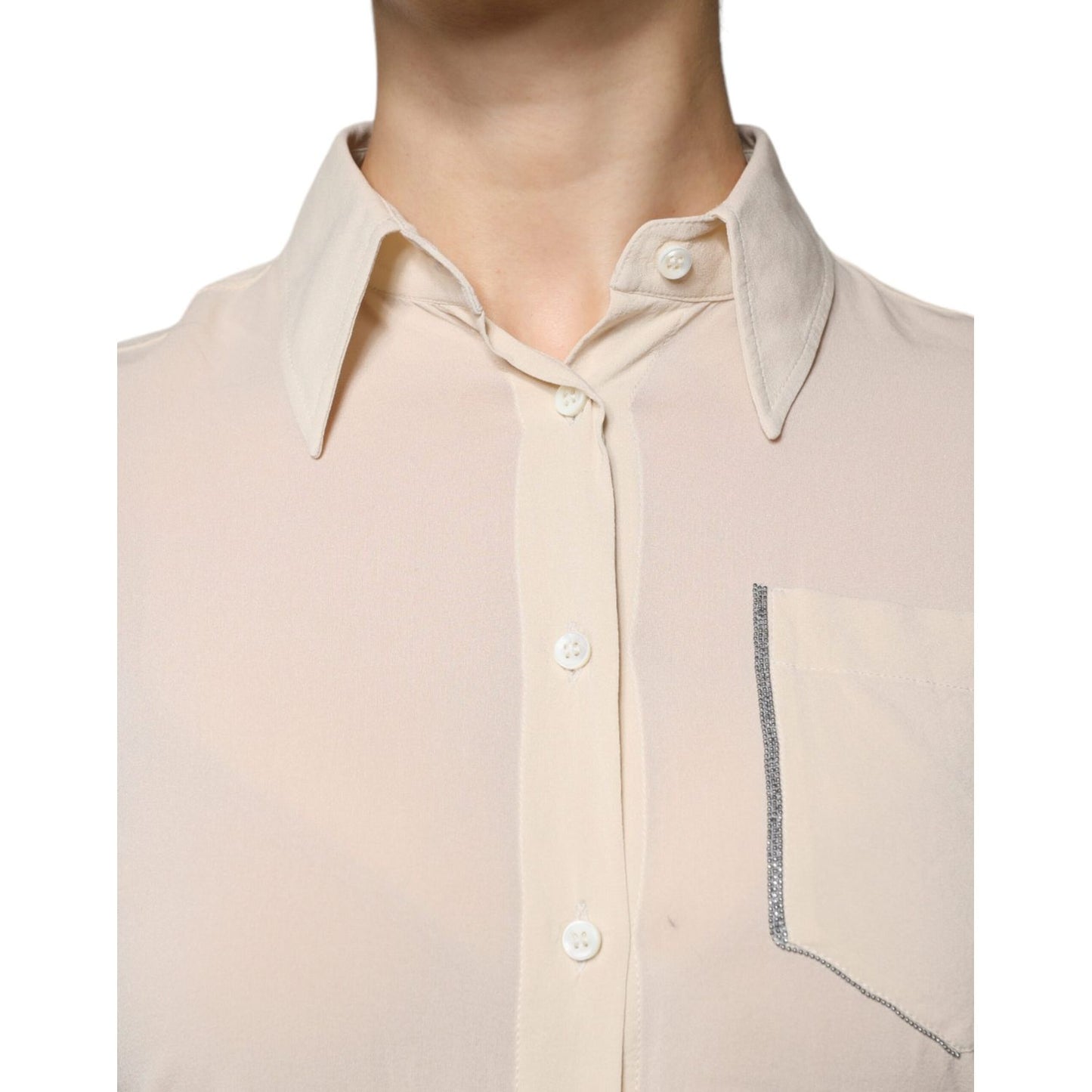 Brunello Cucinelli Beige Silk Blend Collared Button Down Top 1728,67345645728,Beige,Blouses - Shirts - Clothing,Brunello Cucinelli,Clothing,IT38 | XS,Material: 91% Silk 9% Elastane,Preowned / Defect,Shirts - Clothing,Tops & T-Shirts - Women - Clothing,Wom