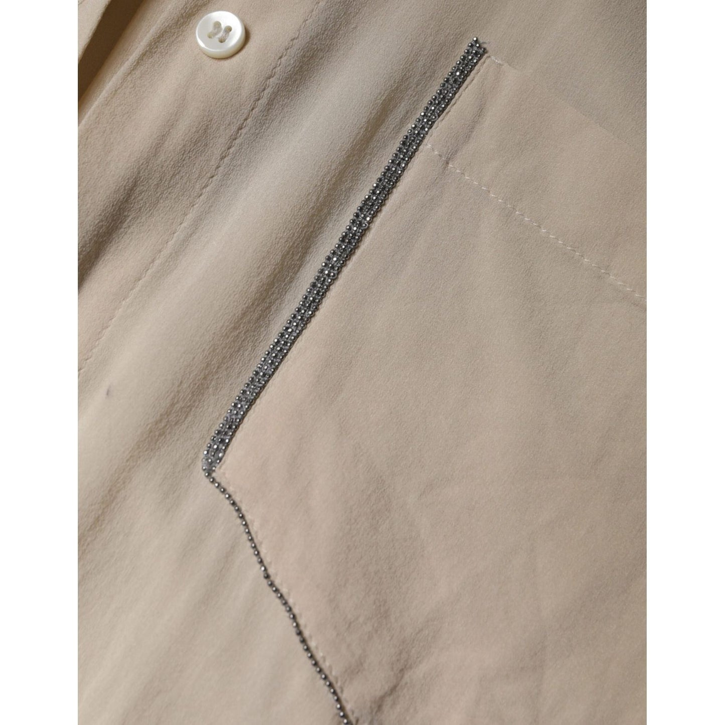 Brunello Cucinelli Beige Silk Blend Collared Button Down Top 1728,67345645728,Beige,Blouses - Shirts - Clothing,Brunello Cucinelli,Clothing,IT38 | XS,Material: 91% Silk 9% Elastane,Preowned / Defect,Shirts - Clothing,Tops & T-Shirts - Women - Clothing,Wom