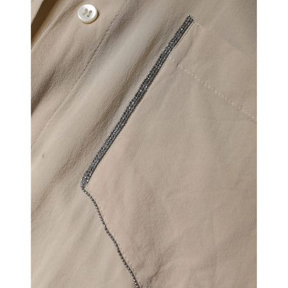 Brunello Cucinelli Beige Silk Blend Collared Button Down Top 1728,67345645728,Beige,Blouses - Shirts - Clothing,Brunello Cucinelli,Clothing,IT38 | XS,Material: 91% Silk 9% Elastane,Preowned / Defect,Shirts - Clothing,Tops & T-Shirts - Women - Clothing,Wom