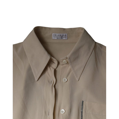 Brunello Cucinelli Beige Silk Blend Collared Button Down Top 1728,67345645728,Beige,Blouses - Shirts - Clothing,Brunello Cucinelli,Clothing,IT38 | XS,Material: 91% Silk 9% Elastane,Preowned / Defect,Shirts - Clothing,Tops & T-Shirts - Women - Clothing,Wom