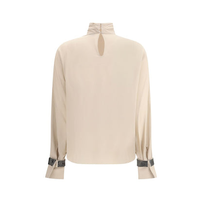 Brunello Cucinelli Beige Silk Blouse with turtleneck, back button closure, jewel embellishments, elegant and lightweight design.