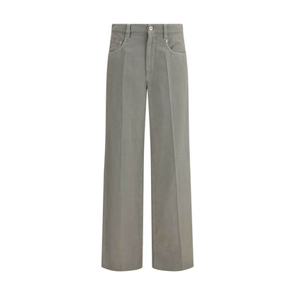 Brunello Cucinelli Bicolor Cotton Relaxed Fit Jeans with mid-rise, wide-leg, five-pocket style, featuring a front zipper and jewel embellishments.