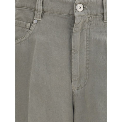 Close-up of Brunello Cucinelli Bicolor Cotton Relaxed Fit Jeans with front zipper and wide-leg style.