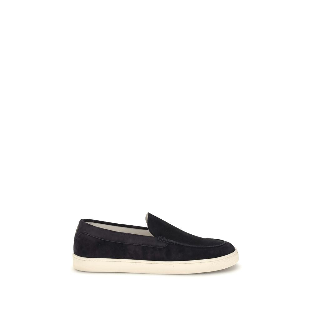 Brunello Cucinelli Black Calf Leather Bos Taurus Sneakers, elegant slip-on design, logo-embossed insole, flat rubber sole for comfort.