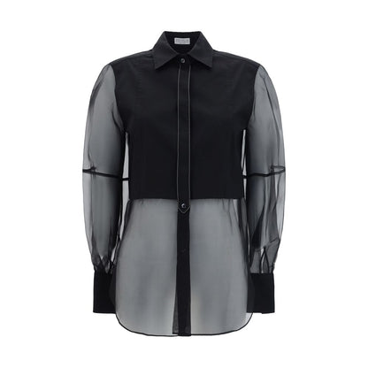 Brunello Cucinelli Black Cotton Pattern Shirt with classic collar and semi-transparent design