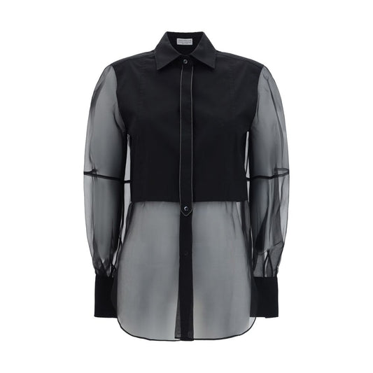 Brunello Cucinelli Black Cotton Pattern Shirt with classic collar and semi-transparent design