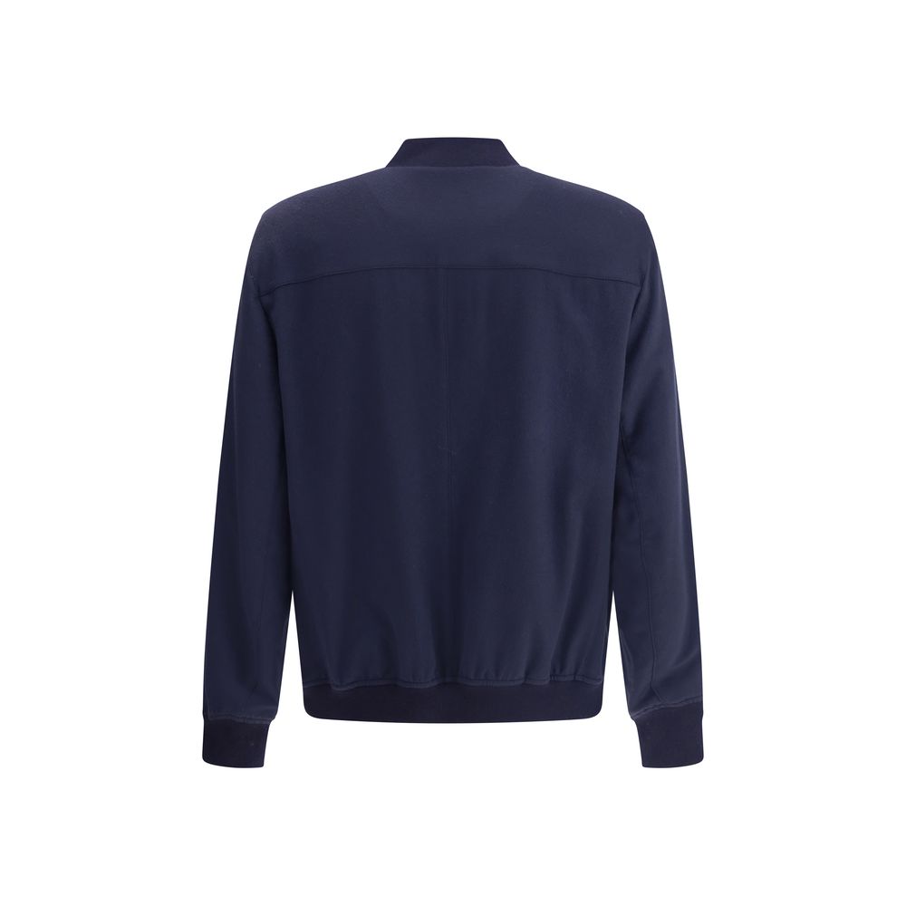 Back view of Brunello Cucinelli Blue Cashmere Bomber with ribbed cuffs and zipper closure.