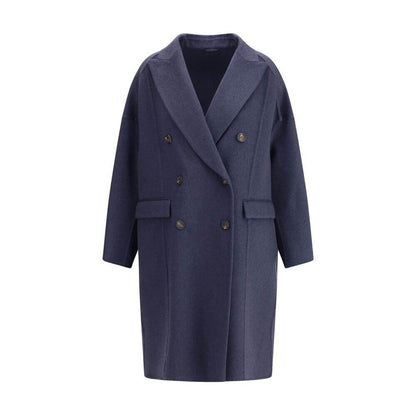 Brunello Cucinelli Blue Cashmere Coat with peaked lapel and double-breasted closure, featuring welt flap pockets, for AW25.