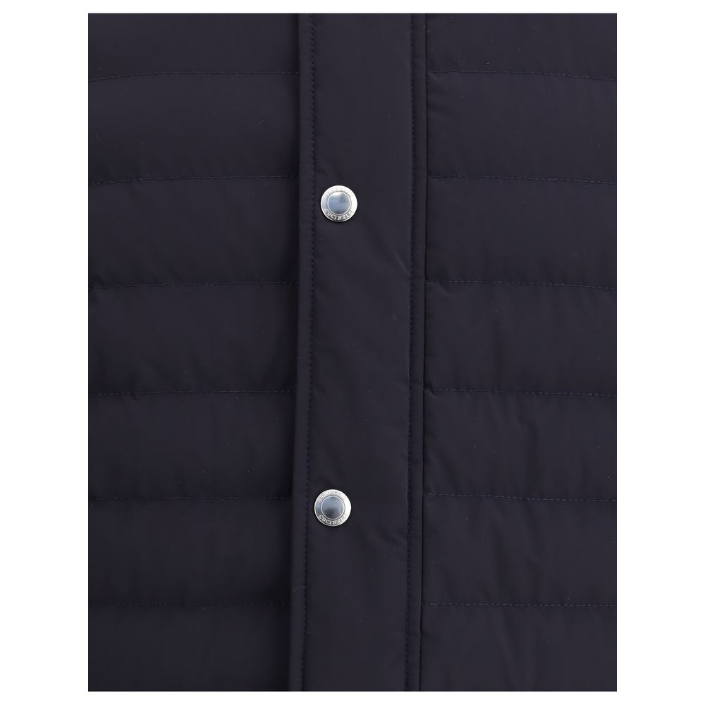 Close-up of Brunello Cucinelli Blue Polyester Coat showing snap-button detail and classic stitch pattern.