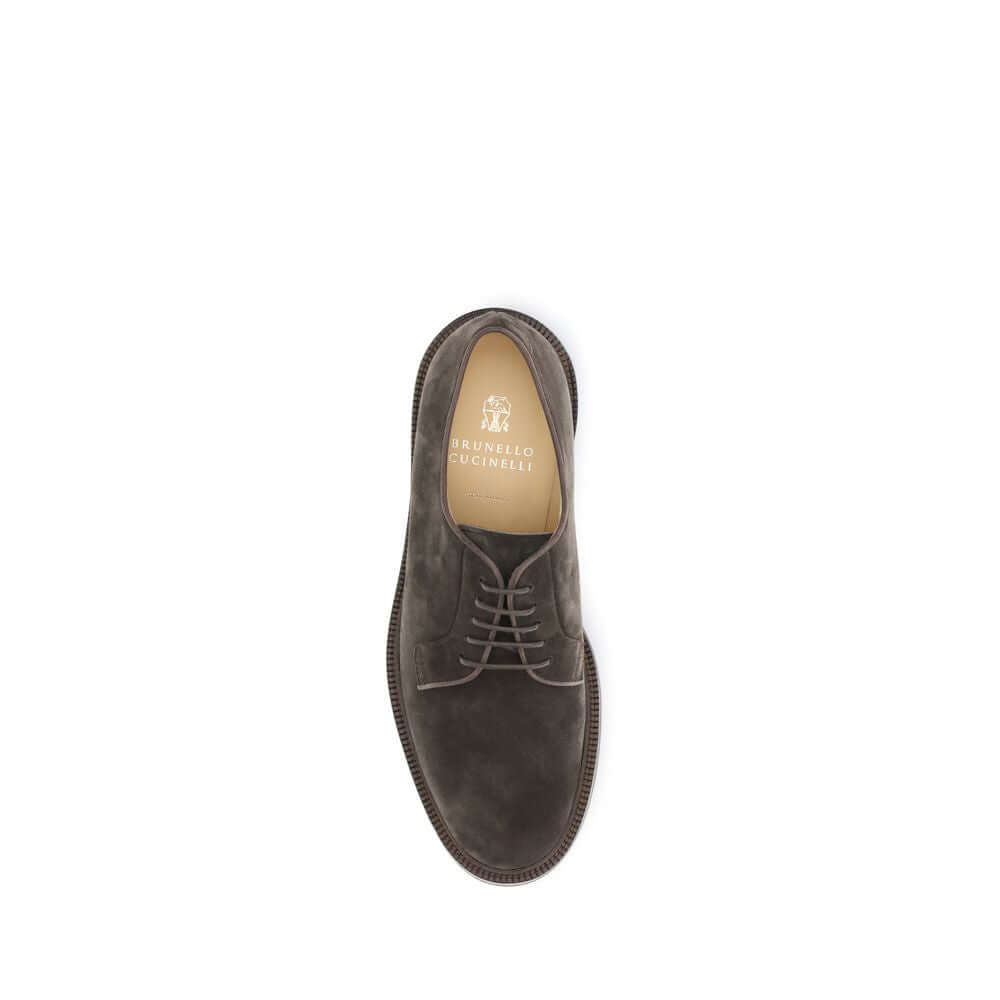 Top view of Brunello Cucinelli Brown Calf Leather Bos Taurus Oxfords And Derbies with suede design and logo insole