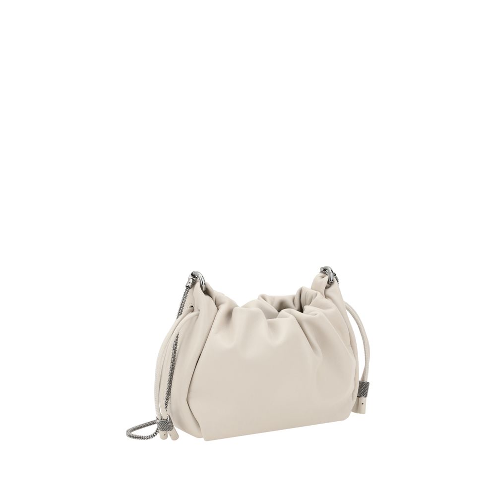 Brunello Cucinelli Bucket Mellow mini Shoulder Bag, luxury leather design with drawstring closure and iconic shiny jewelry strap.