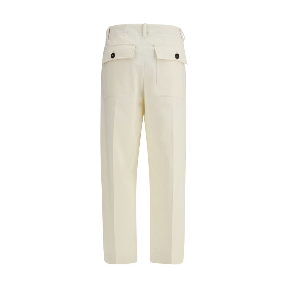 Brunello Cucinelli Cream Cotton Casual Pants with straight leg, zipper closure, belt loops, 100% cotton, AW25 season, back view.