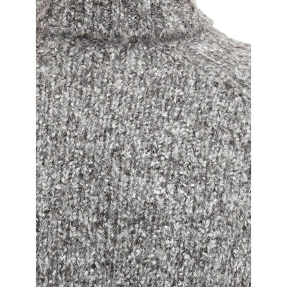 Close-up texture of Brunello Cucinelli Gray Alpaca Vicugna Pacos Turtleneck sweater, showcasing luxurious knitted detail and quality fabric.