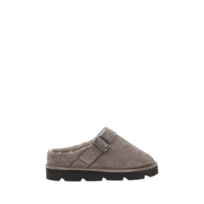 Brunello Cucinelli Gray Calf Leather Bos Taurus Clogs with fur trim and adjustable buckle, perfect for fall and winter fashion.