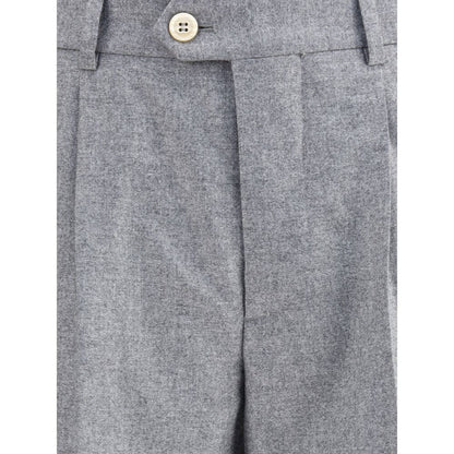 Close-up of Brunello Cucinelli Gray Cashmere Casual Pants showcasing button and textured fabric.